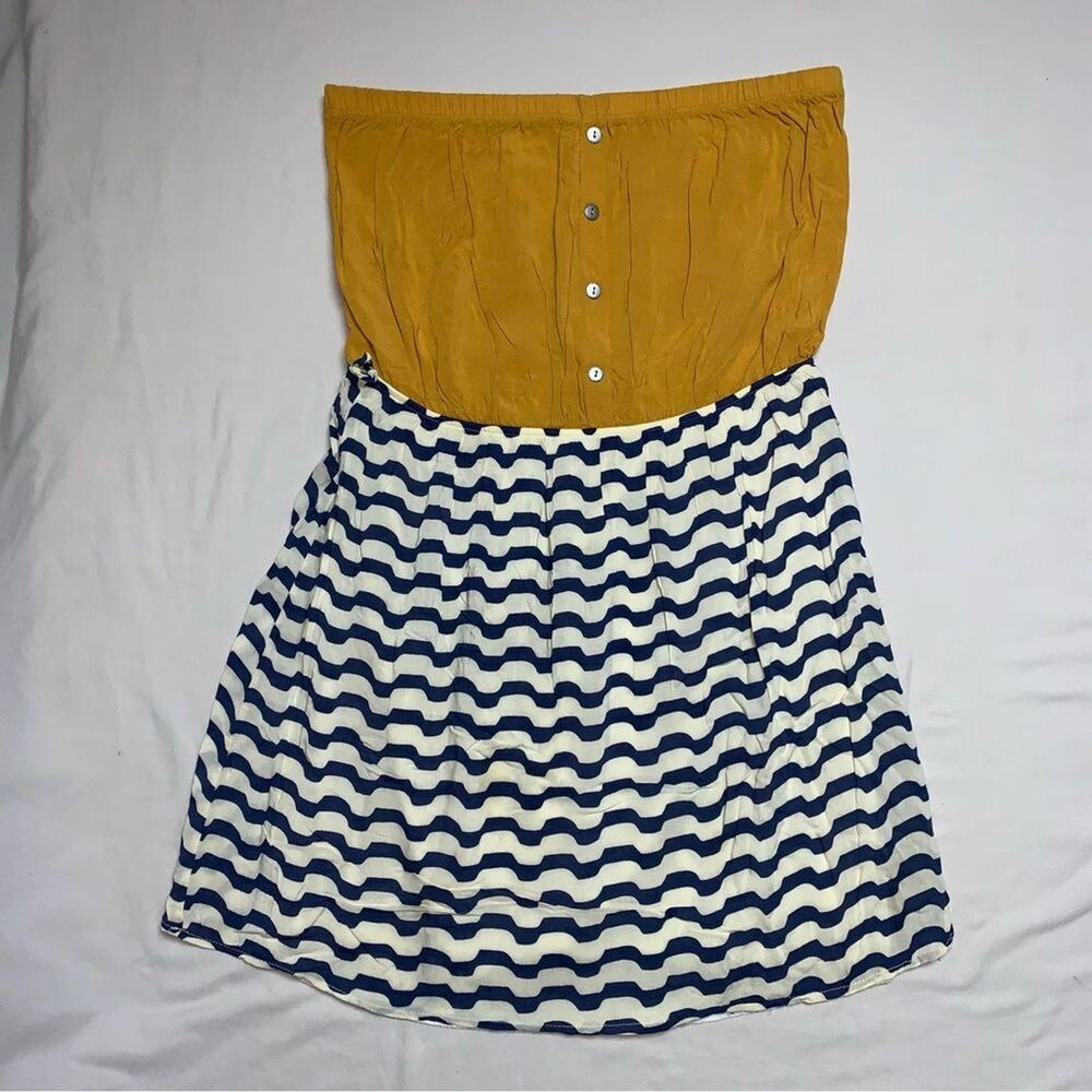 Strapless Mini Dress Women XS Boho Chevron Mustard Yellow Geometric Print Summer